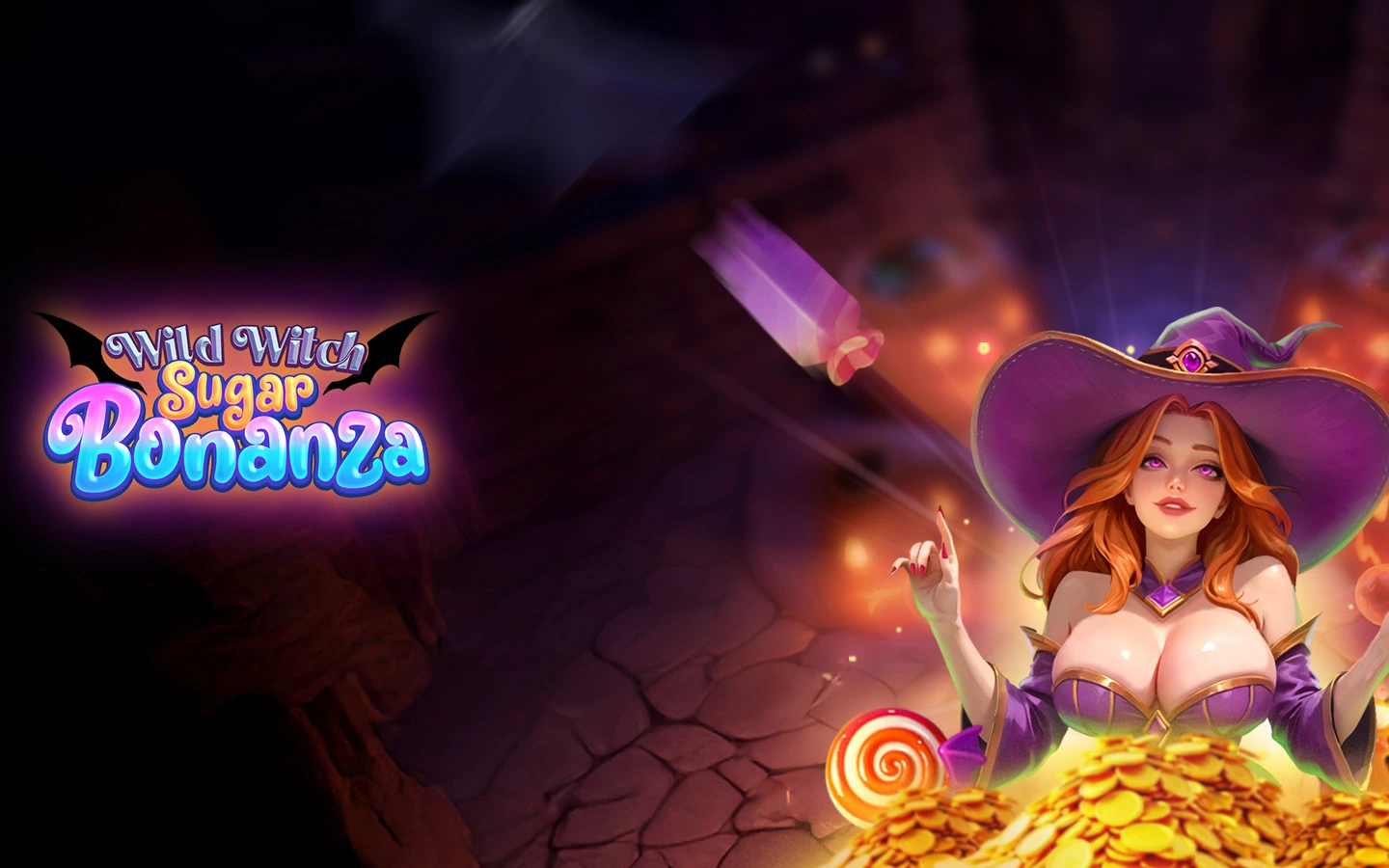 Wild Witch Sugar Bonanza slot game background artwork by KingMidas Games